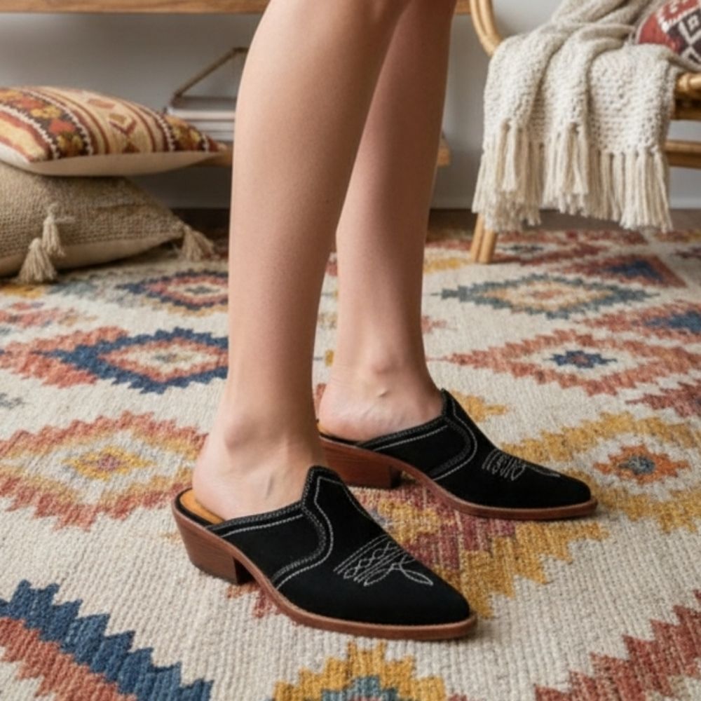 Patricia Nash Black Suede Western Mules 6.5